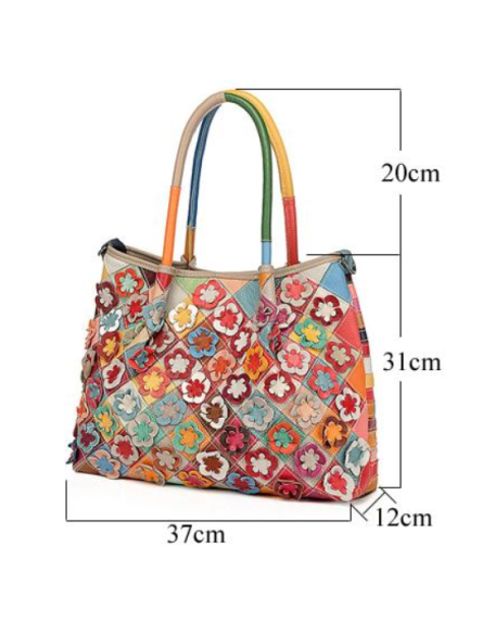 spring flower patchwork genuine leather handbag